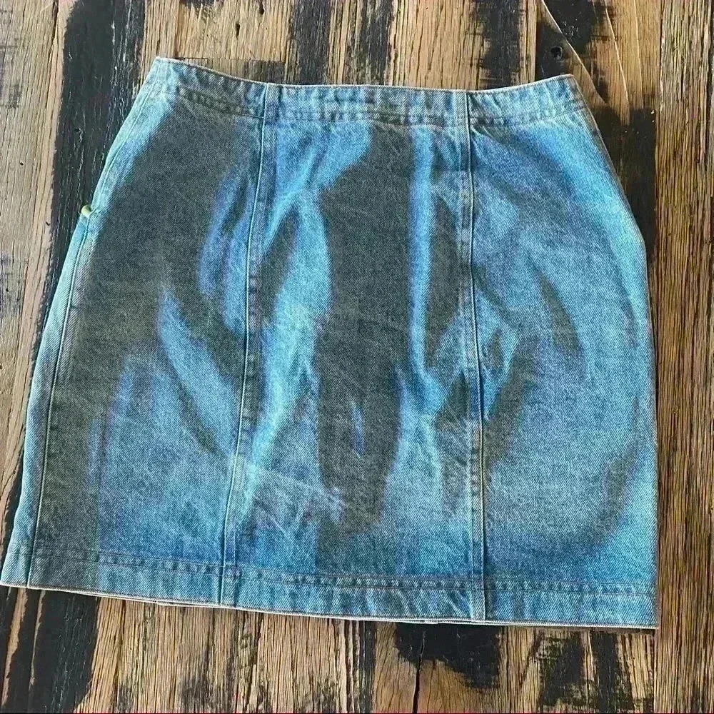 Vintage Y2K Denim Skirt Florescent Neon Green Buttons and Pleather Details Sz M - Picture 3 of 7
